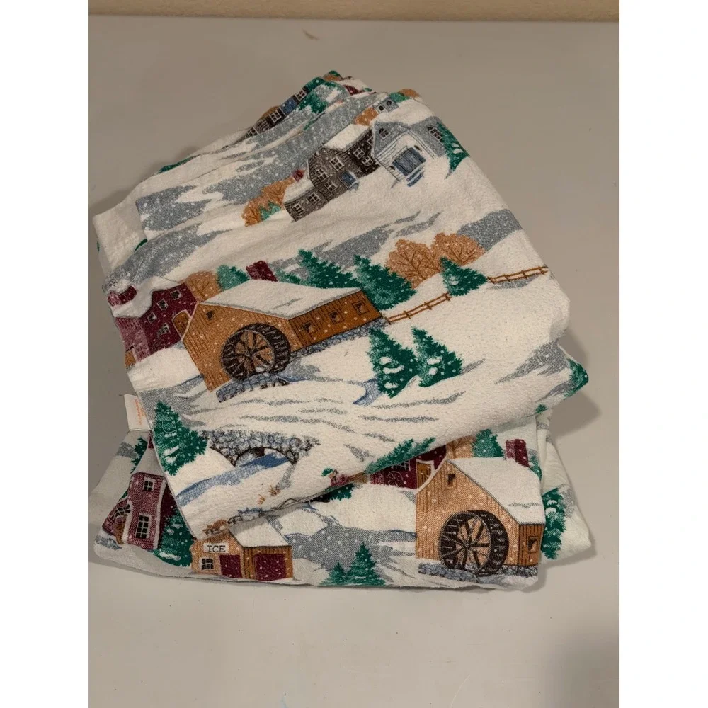 Vintage Franco‎ Full Size Flat & Fitted Sheet Set Winter Village Turkey Holiday